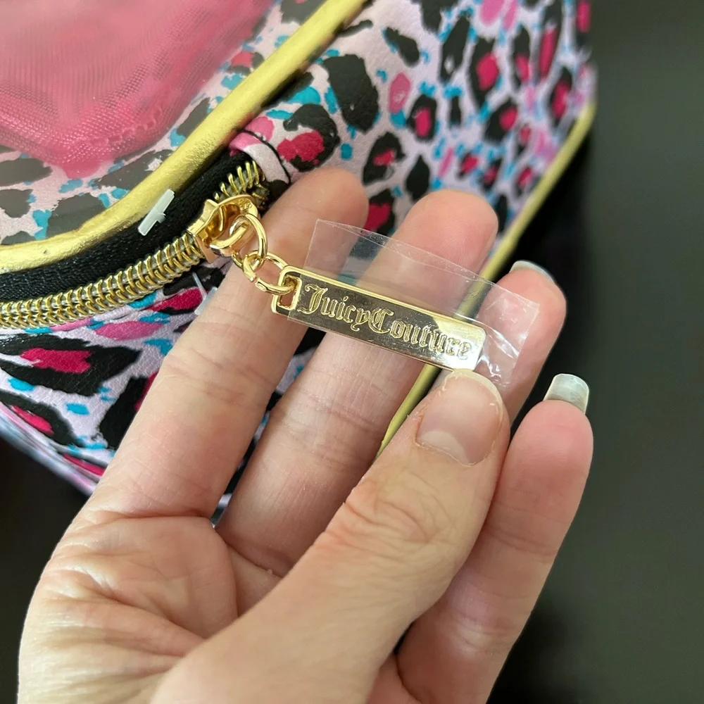 Juicy Couture Pink Leopard Print Cosmetic Case with Gold Trim